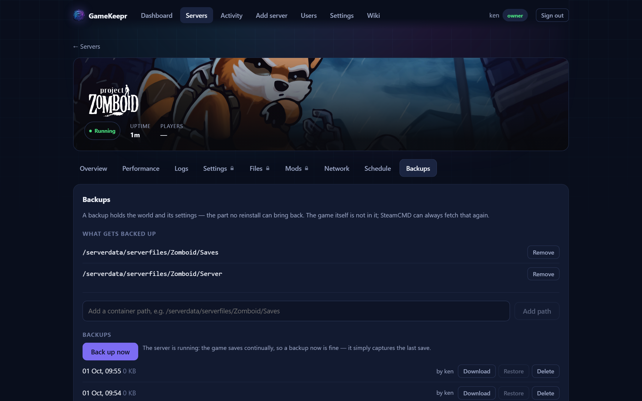 The Backups tab: what goes in, and the restorable history