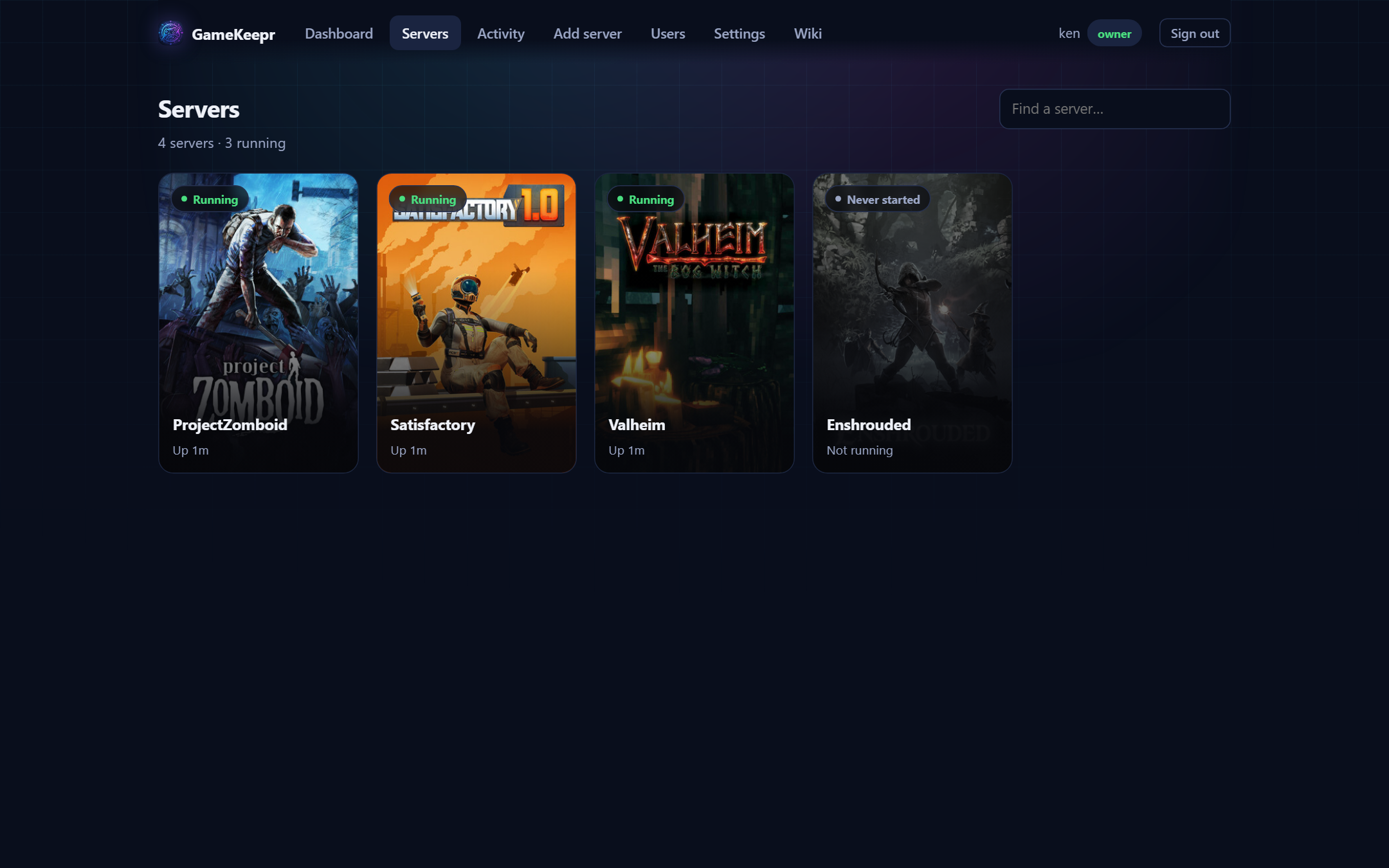 The Servers page: full-picture cards per game server