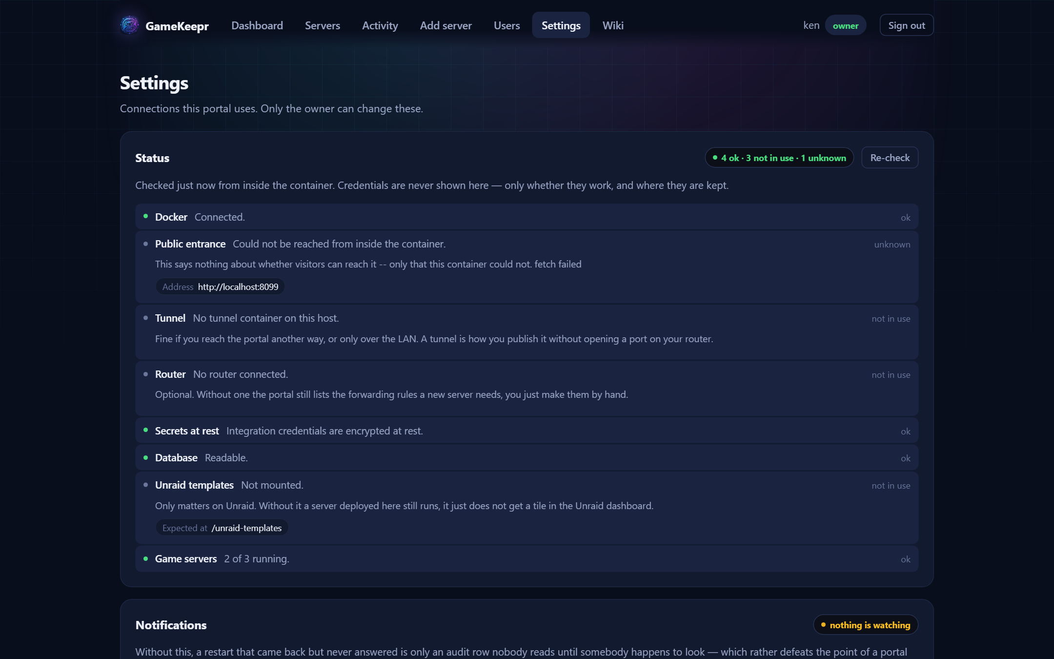 The owner Settings page: notifications, scanners, router and Access in one place
